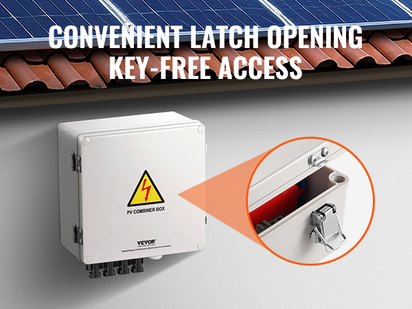 VEVOR solar pv combiner box with convenient key-free latch opening, installed on an exterior wall.
