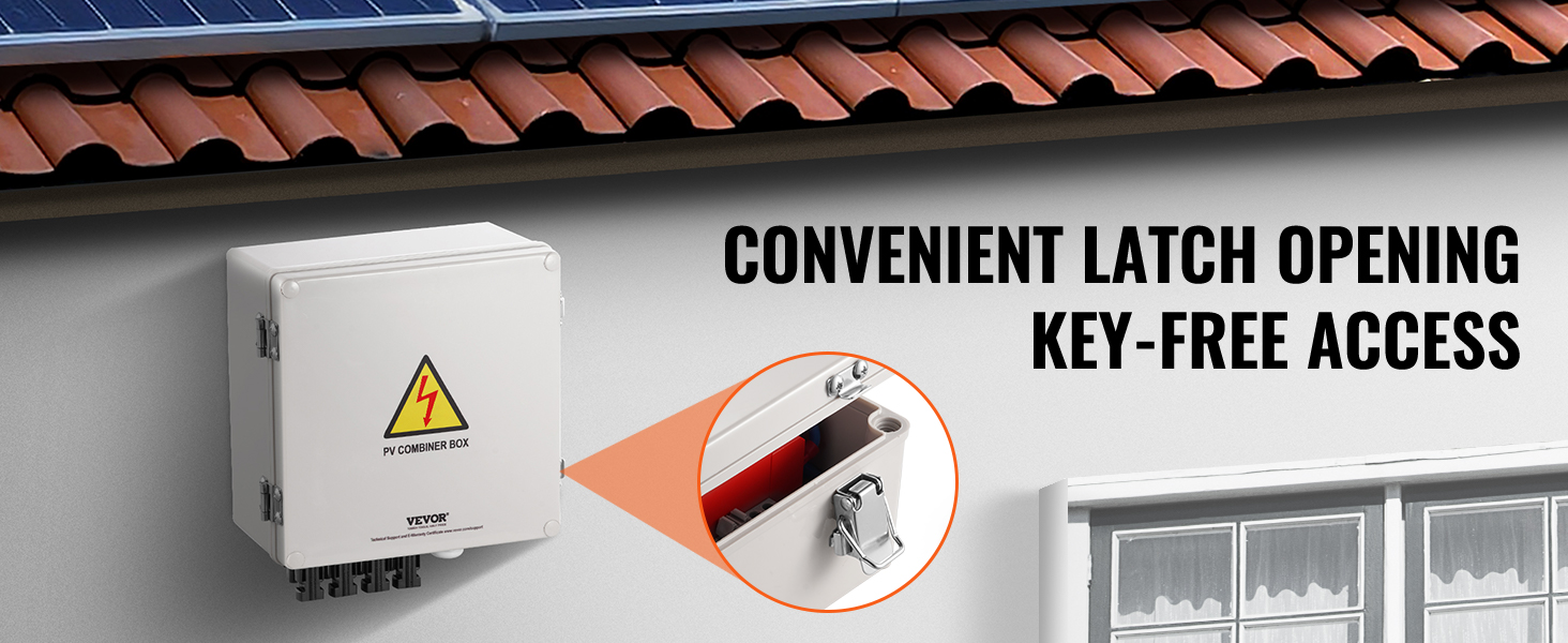 VEVOR solar pv combiner box with convenient key-free latch opening, installed on an exterior wall.