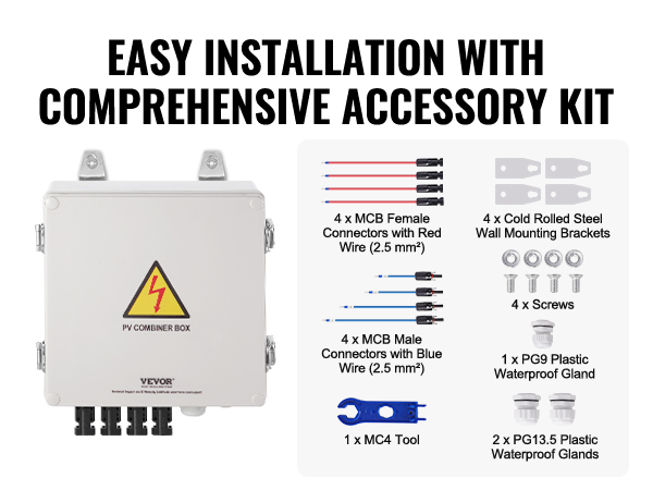 VEVOR solar pv combiner box with accessory kit including connectors, screws, and mounting brackets.