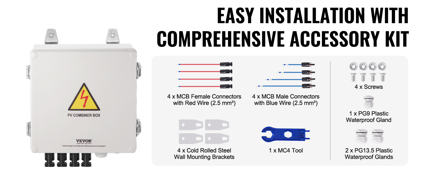 VEVOR solar pv combiner box with accessory kit including connectors, screws, and mounting brackets.
