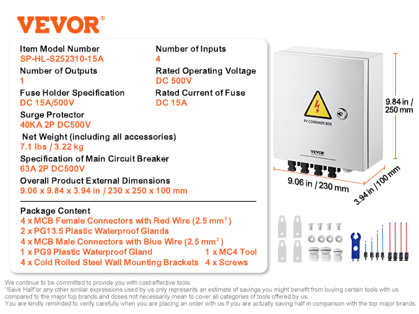 VEVOR solar pv combiner box details; model sp-hl-s252310-15a, dimensions, specs, and accessories list.