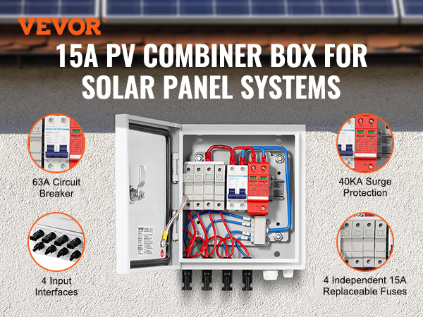 VEVOR solar pv combiner box, 15a, for solar panel systems, with surge protection and circuit breakers.