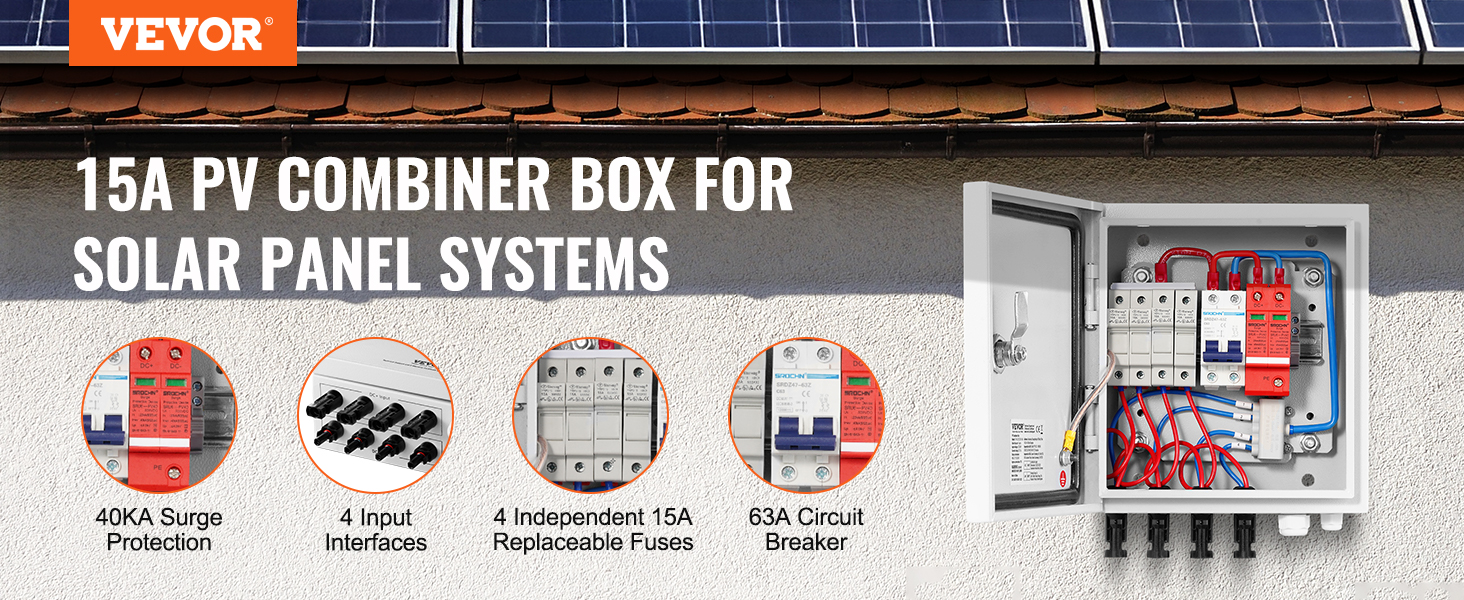 VEVOR solar pv combiner box, 15a, for solar panel systems, with surge protection and circuit breakers.