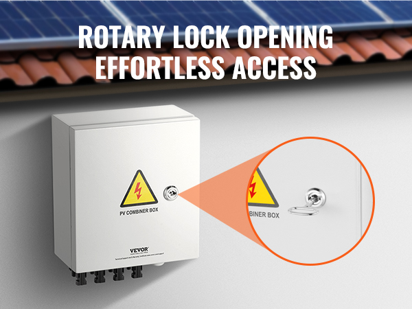 VEVOR solar pv combiner box installed on a wall with a rotary lock for effortless access.