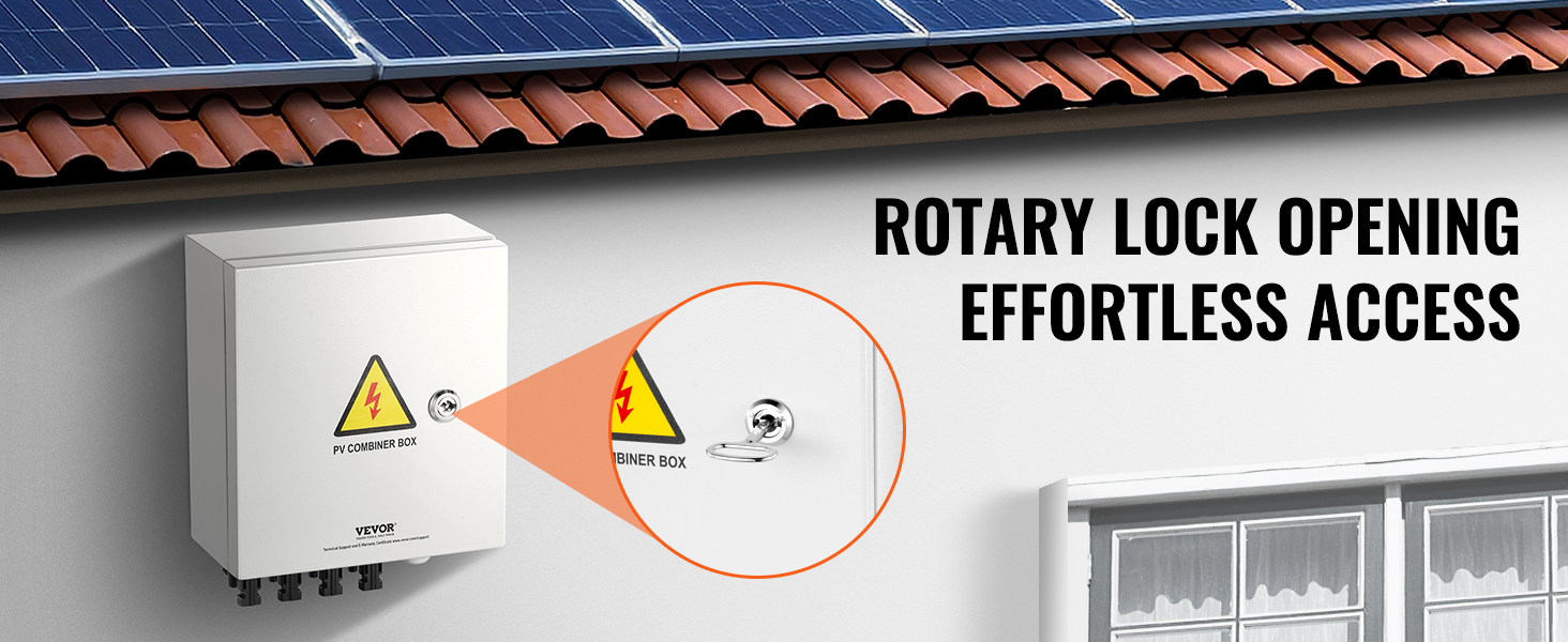 VEVOR solar pv combiner box installed on a wall with a rotary lock for effortless access.