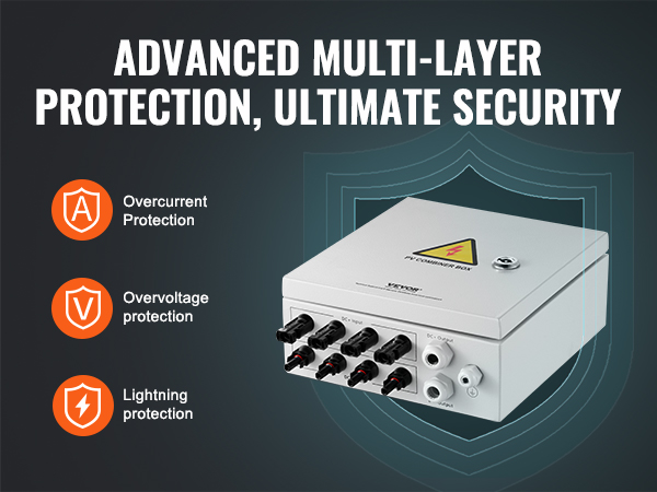 VEVOR solar pv combiner box with overcurrent, overvoltage, and lightning protection features.