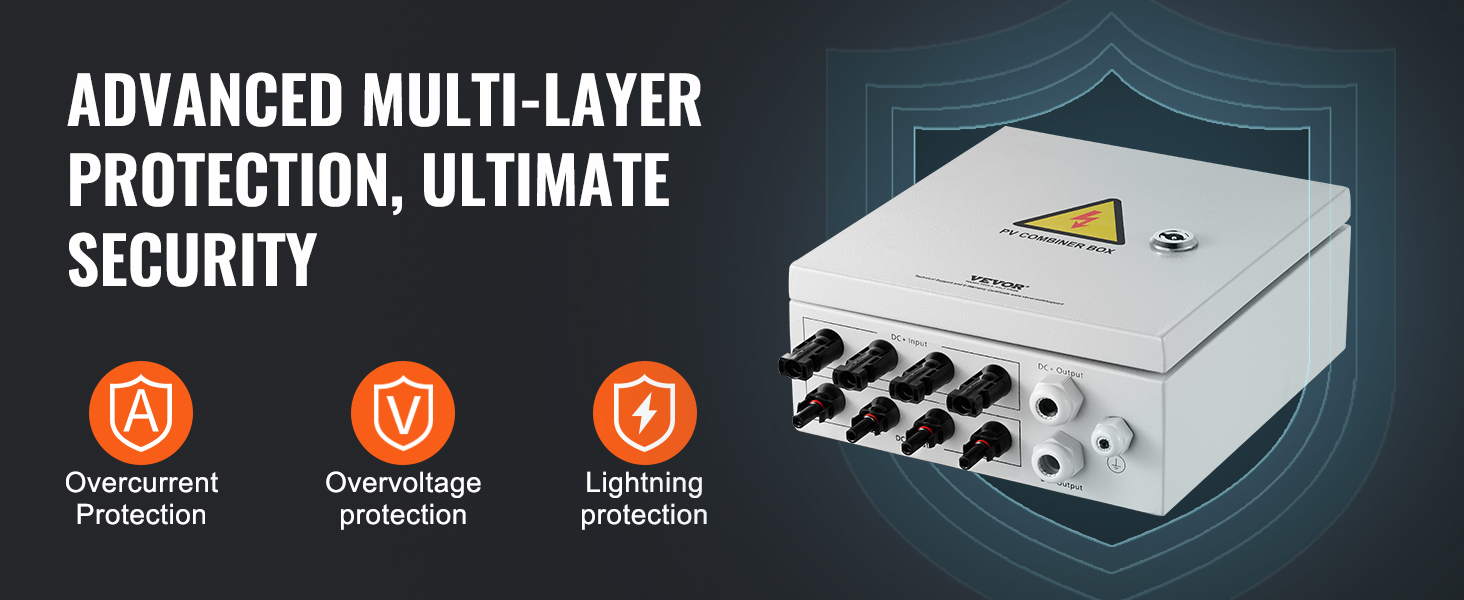 VEVOR solar pv combiner box with overcurrent, overvoltage, and lightning protection features.