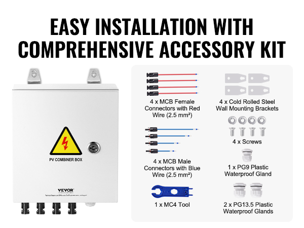 VEVOR solar pv combiner box with accessory kit including connectors, mounting brackets, and waterproof glands.