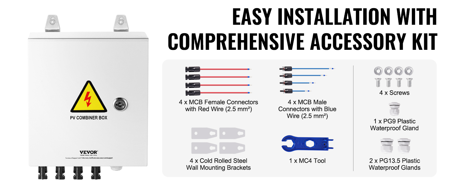 VEVOR solar pv combiner box with accessory kit including connectors, mounting brackets, and waterproof glands.