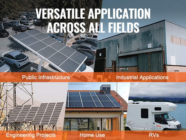 VEVOR solar pv combiner box applications: public infrastructure, engineering, home, industrial, and rvs.
