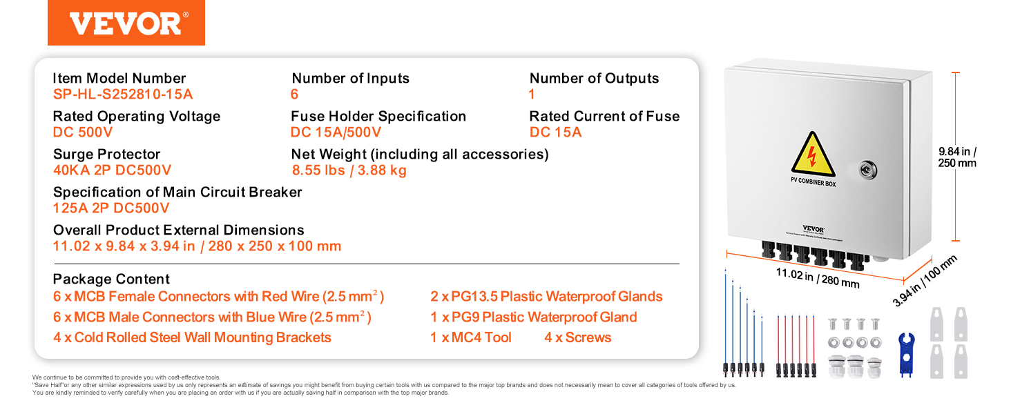 VEVOR solar combiner box specifications, dimensions, and package content with connectors and mounting kit.