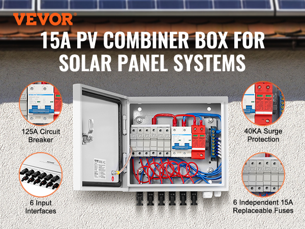VEVOR solar combiner box, 15a pv, for solar panel systems, features surge protection, inputs, and fuses.