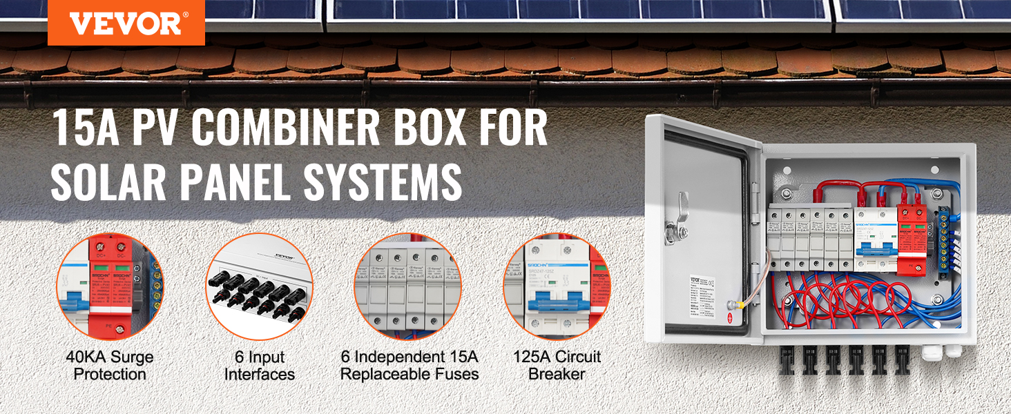 VEVOR solar combiner box, 15a pv, for solar panel systems, features surge protection, inputs, and fuses.