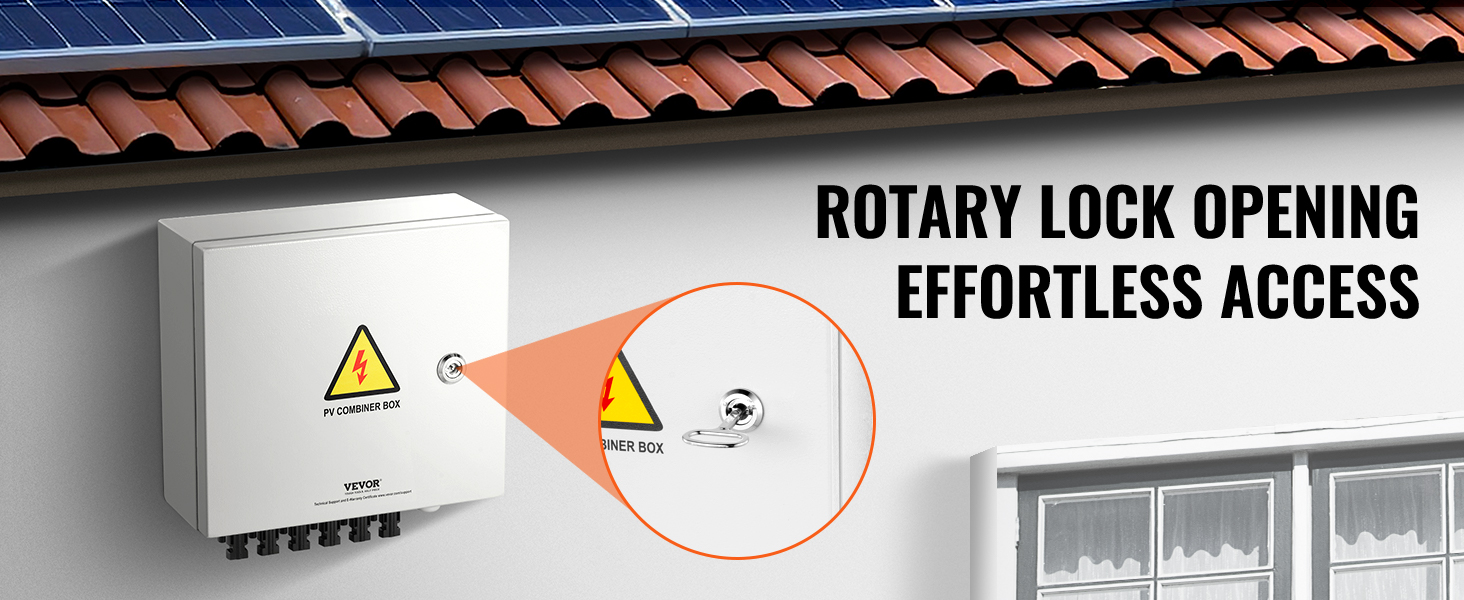 VEVOR solar combiner box on wall with rotary lock and solar panels on tiled roof in the background.