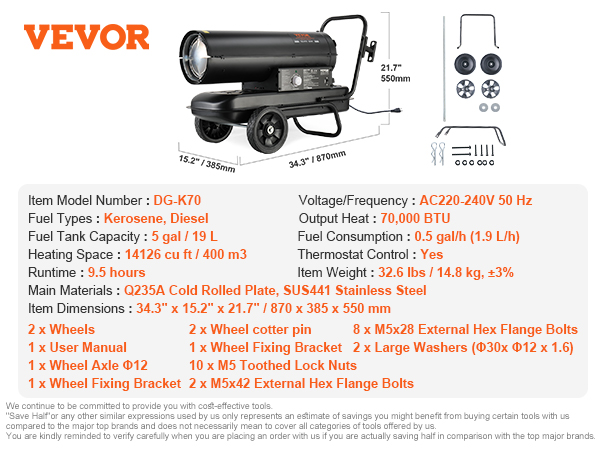VEVOR kerosene heater zb-k70 with 70,000 btu, 5.0 gal fuel tank, and 14,125.9 cuft heating capacity.