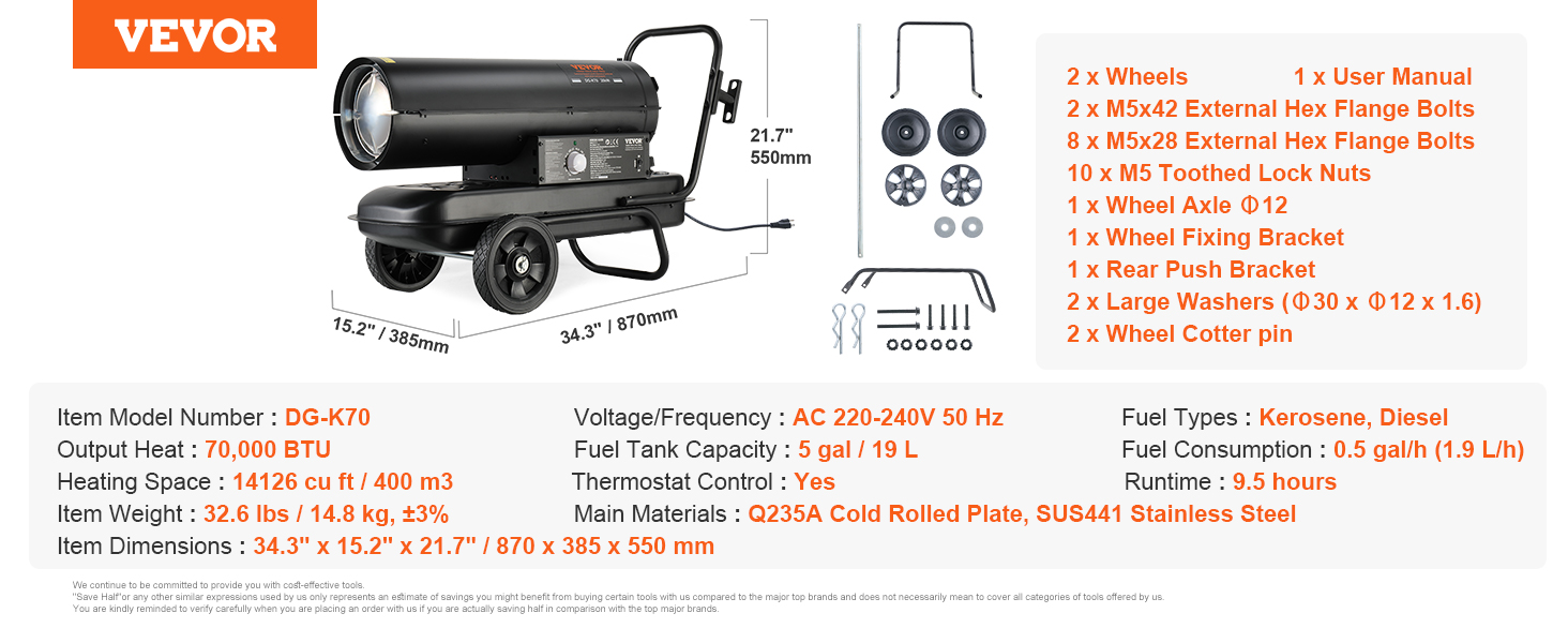 VEVOR kerosene heater zb-k70 with 70,000 btu, 5.0 gal fuel tank, and 14,125.9 cuft heating capacity.