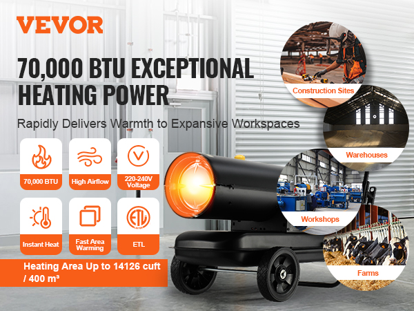VEVOR kerosene heater, 70,000 btu, high airflow, 120v, instant heat, heats up to 14,125.9 cuft.