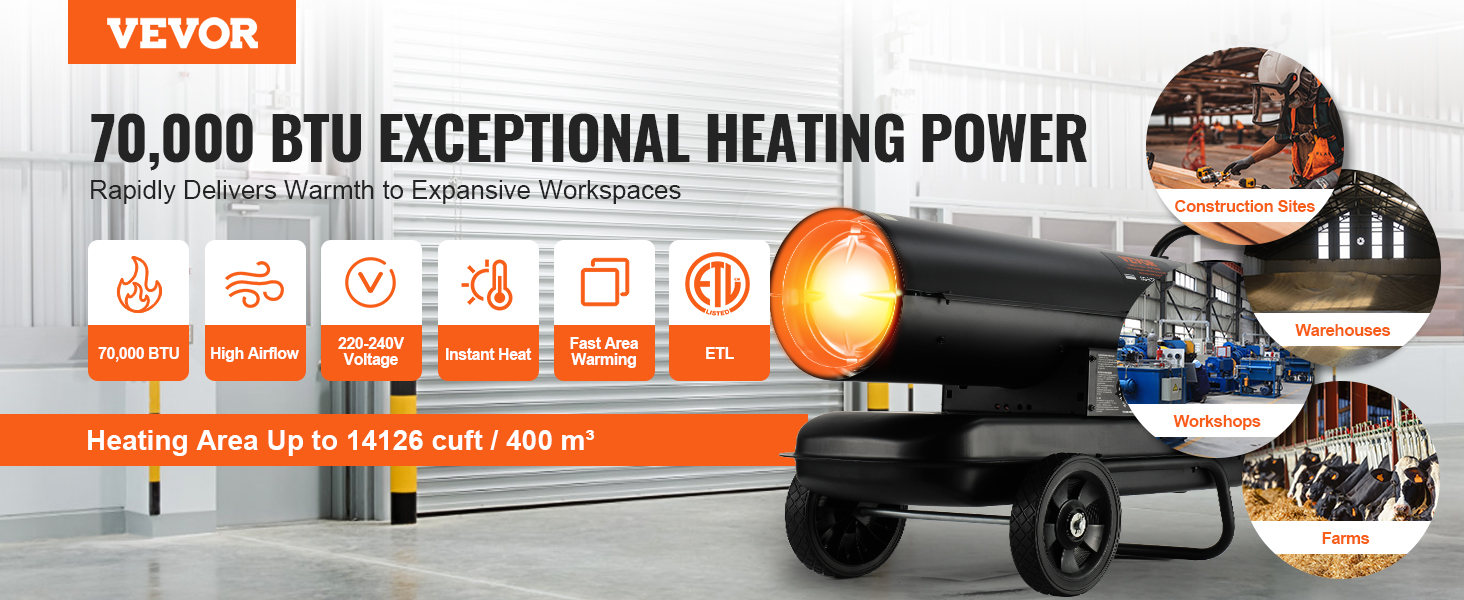 VEVOR kerosene heater, 70,000 btu, high airflow, 120v, instant heat, heats up to 14,125.9 cuft.