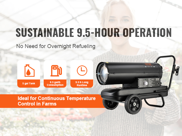 VEVOR kerosene heater with 5.0 gal tank and 0.5 gal/h consumption for a 9-hour continuous runtime.
