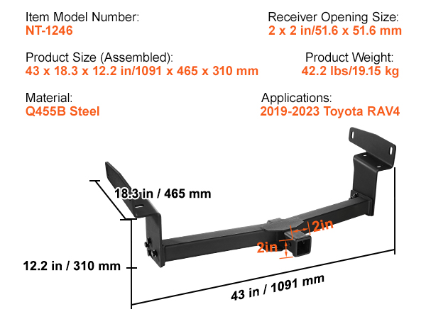 VEVOR class 3 trailer hitch for 2019-2023 toyota rav4, 2x2in receiver, 43in length.