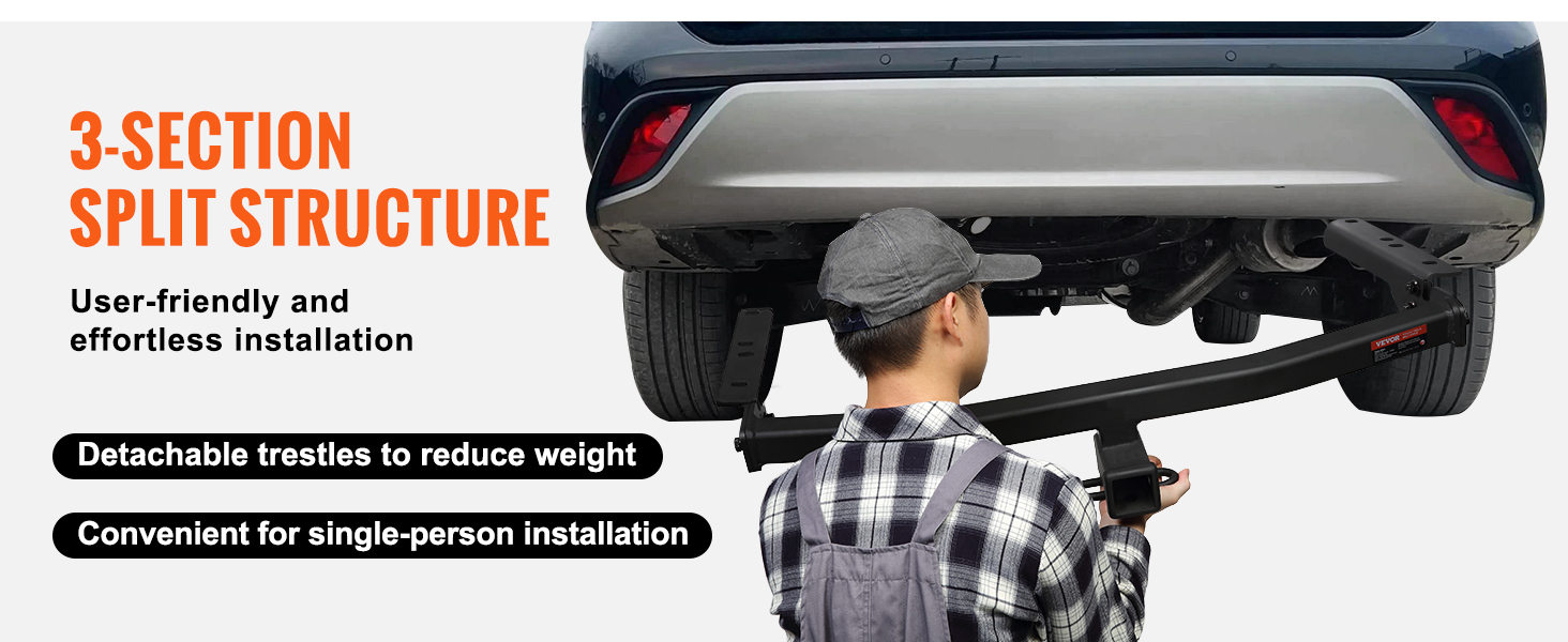 man installing VEVOR class 3 trailer hitch with 3-section split structure under a black suv rear.