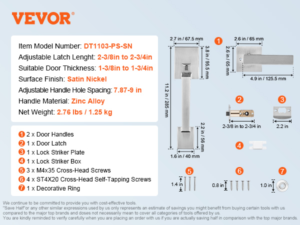 VEVOR front door handle in satin nickel finish with dimensions and included components displayed.