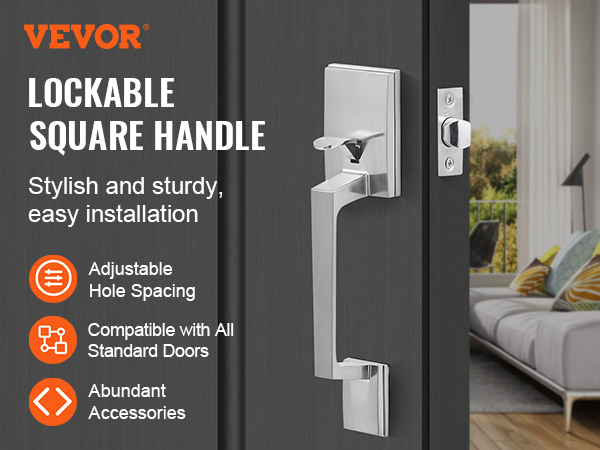 VEVOR front door handle: stylish lockable square handle, easy installation, compatible with all standard doors.