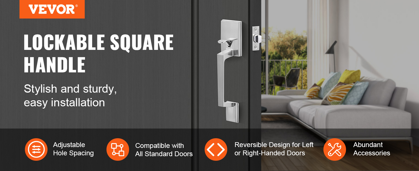 VEVOR front door handle: stylish lockable square handle, easy installation, compatible with all standard doors.