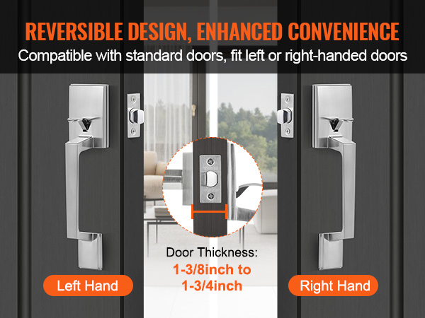 reversible VEVOR front door handle for left or right-hand use, fits standard doors, door thickness: 1-3/8in to 1-3/4in.