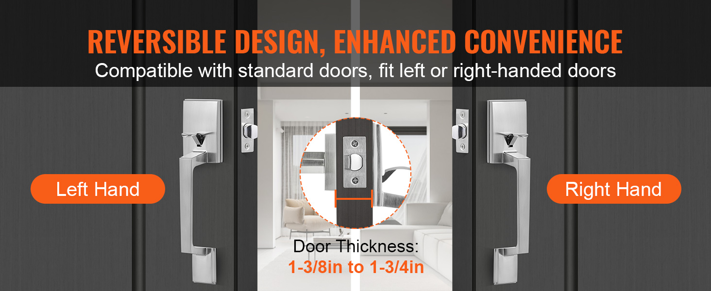 reversible VEVOR front door handle for left or right-hand use, fits standard doors, door thickness: 1-3/8in to 1-3/4in.