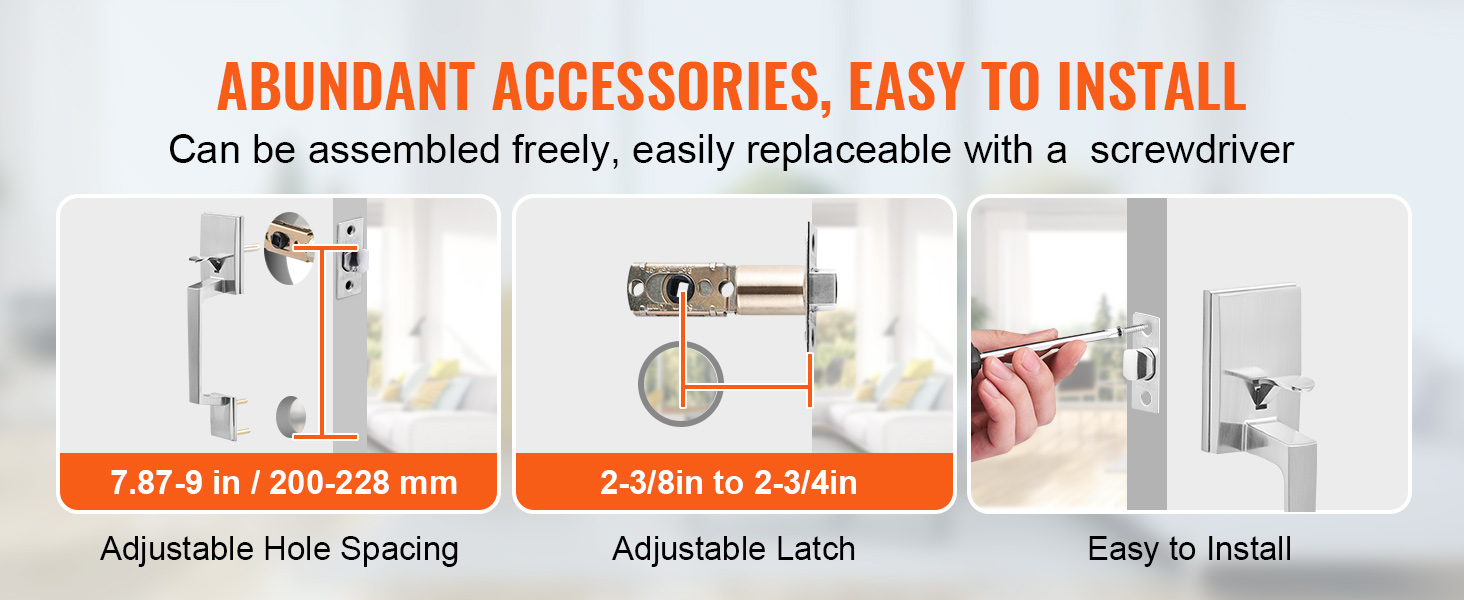 abundant accessories and easy installation with VEVOR front door handle, adjustable hole spacing and latch.