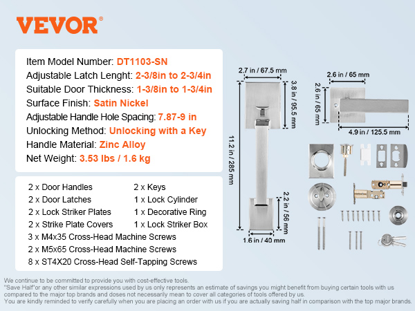 VEVOR front door handle set with adjustable latch, zinc alloy, and satin nickel finish. includes keys and screws.