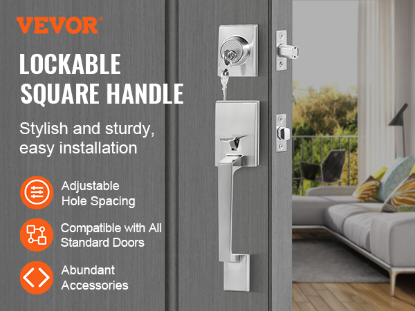 VEVOR front door handle set, lockable square design, stylish and sturdy, easy installation.