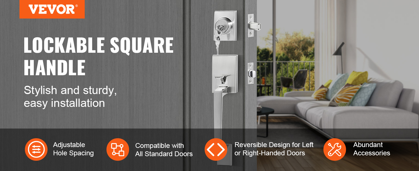 VEVOR front door handle set, lockable square design, stylish and sturdy, easy installation.