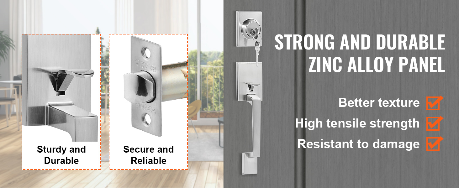 VEVOR front door handle set with strong zinc alloy panel, high tensile strength, and durability.