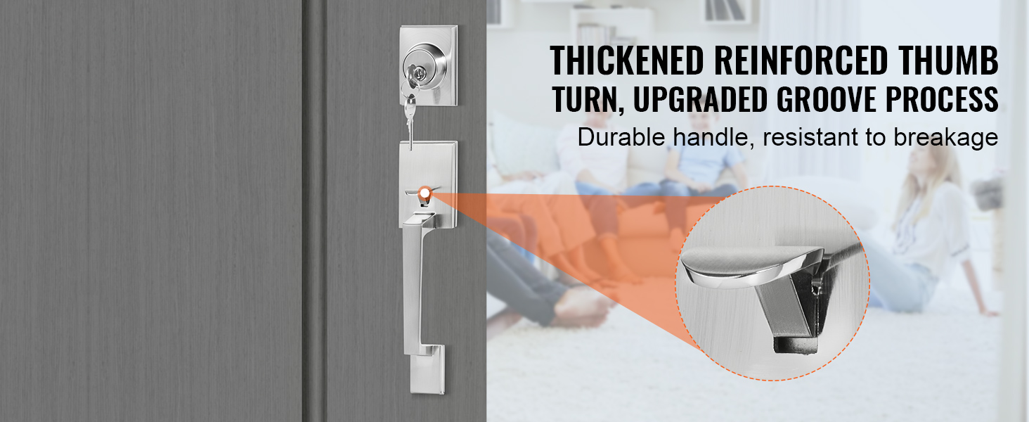 VEVOR front door handle set with thickened reinforced thumb turn, durable and resistant to breakage.