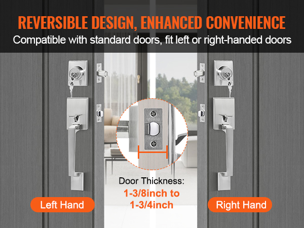 VEVOR front door handle set: reversible design for left or right-handed doors, fits standard door thickness.