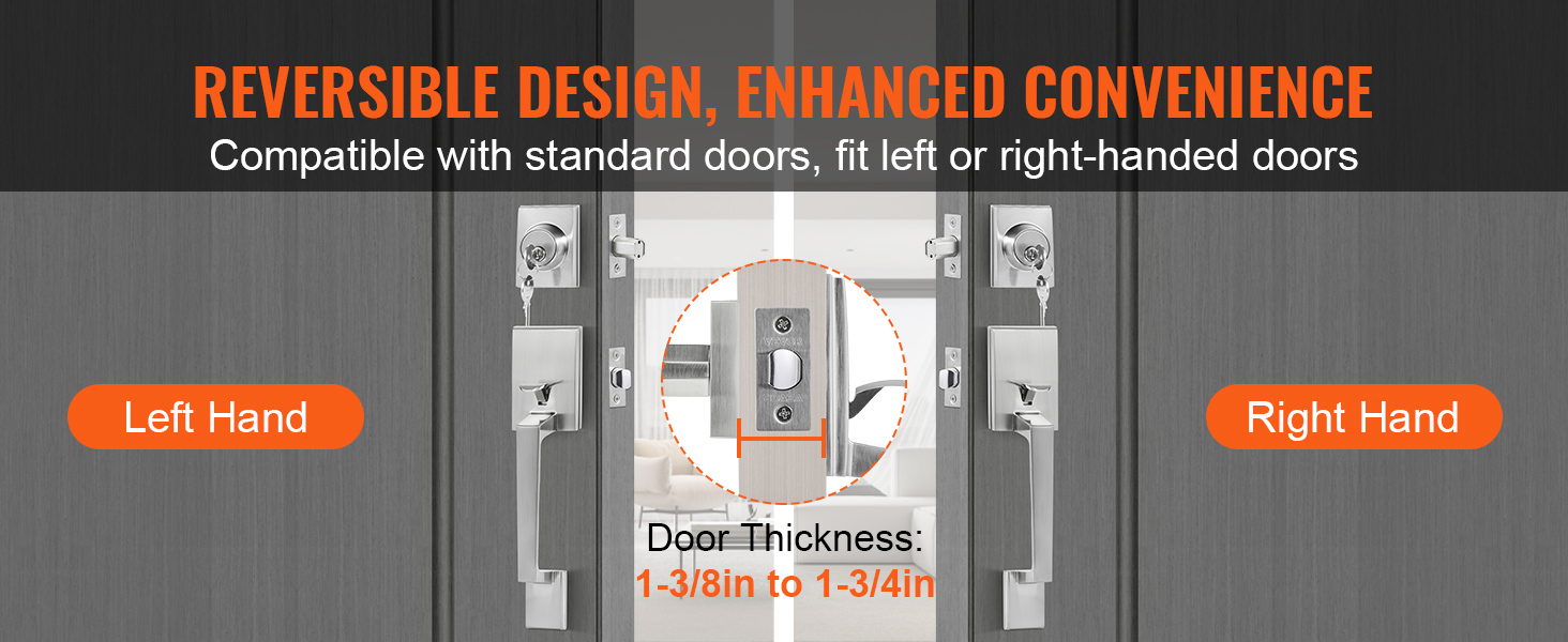 VEVOR front door handle set: reversible design for left or right-handed doors, fits standard door thickness.