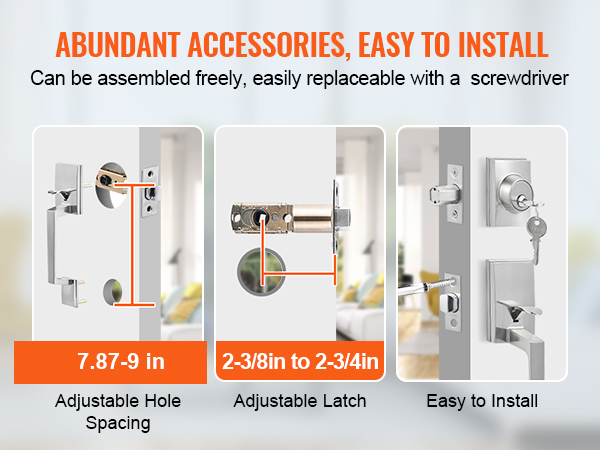 VEVOR front door handle set with adjustable hole spacing and latch, easy installation with screwdriver