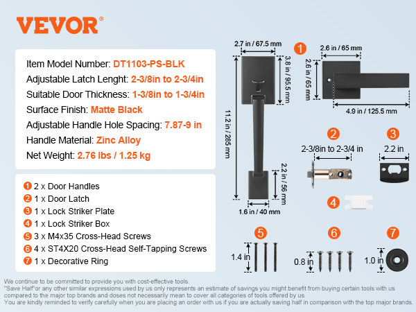VEVOR front door handle, dt1103-ps-blk, matte black, adjustable latch, zinc alloy, set components displayed.