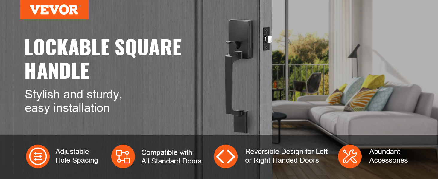 VEVOR front door handle: lockable square handle, stylish and sturdy, easy installation, fits all doors.
