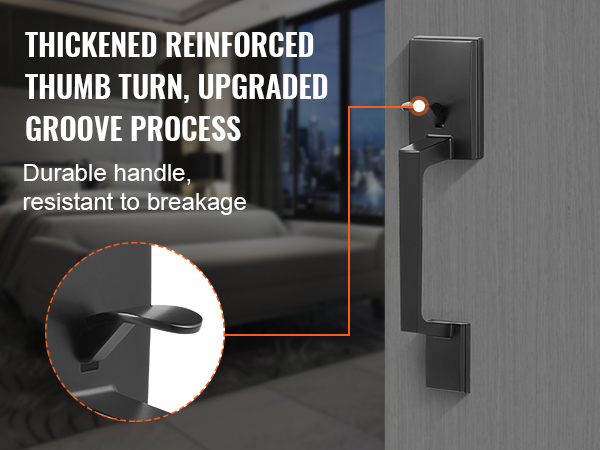 close-up of VEVOR front door handle with durable, reinforced thumb turn and upgraded groove process.