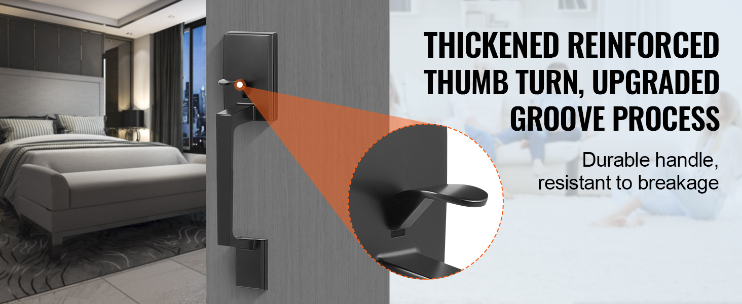 close-up of VEVOR front door handle with durable, reinforced thumb turn and upgraded groove process.