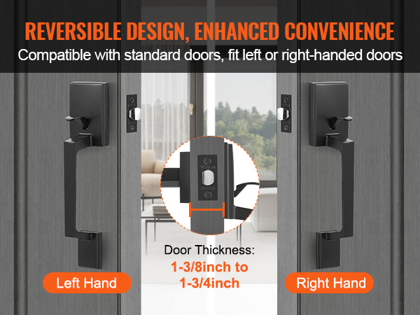 VEVOR front door handle, reversible design, compatible with standard doors, fits left or right-hand usage.