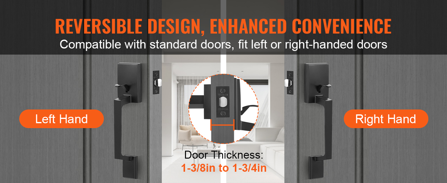 VEVOR front door handle, reversible design, compatible with standard doors, fits left or right-hand usage.