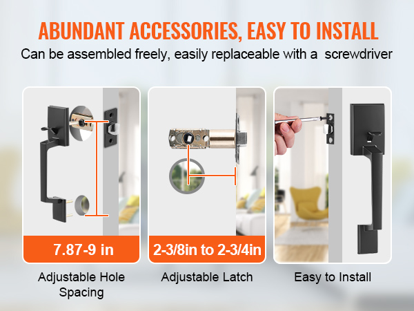 abundant accessories for easy installation, adjustable hole spacing, adjustable latch, VEVOR front door handle.