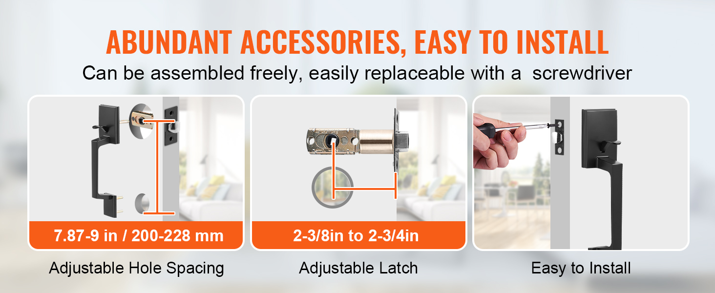 abundant accessories for easy installation, adjustable hole spacing, adjustable latch, VEVOR front door handle.