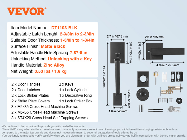 VEVOR front door handle set specifications and components layout, including dimensions and materials.