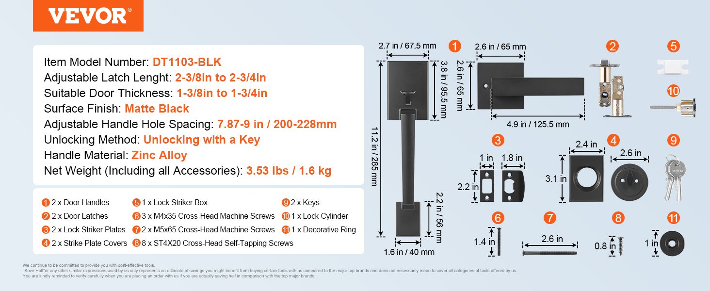 VEVOR front door handle set specifications and components layout, including dimensions and materials.