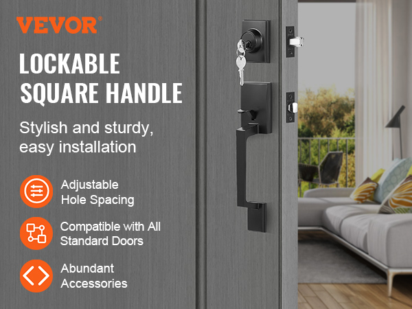 VEVOR front door handle set with lockable square handle, easy installation, and compatible with all doors.